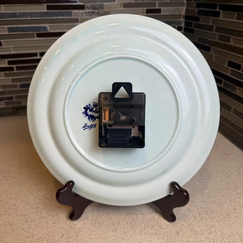 Vintage Boch Delft Blue White Windmill‎ Ceramic Plate Wall Clock Belgium WORKS